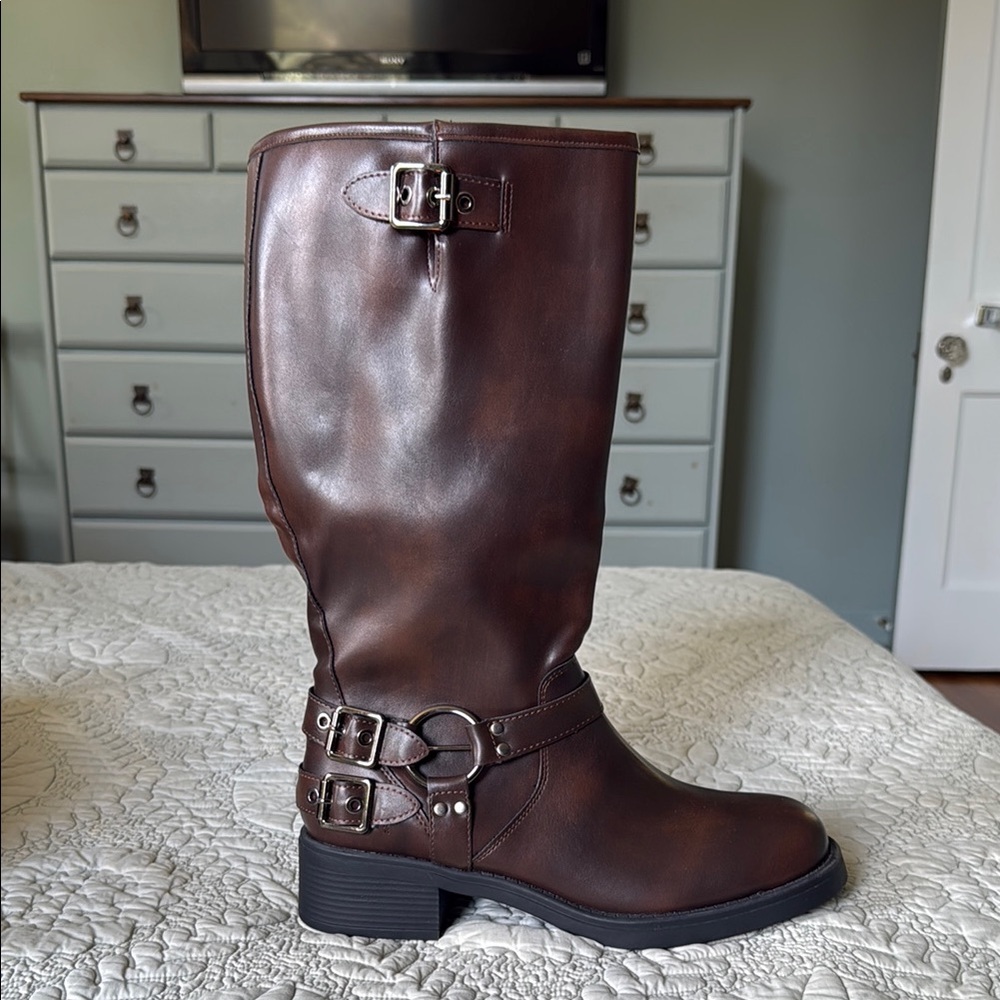 Brown Tall Motorcycle Moto Boots Womens Size 10 NWT Never Worn In Box